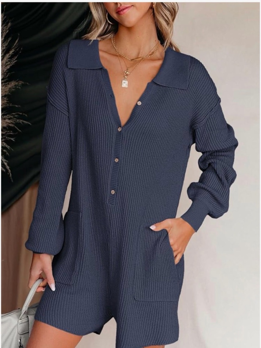 Classic Navy Ribbed Henley Knit Romper by